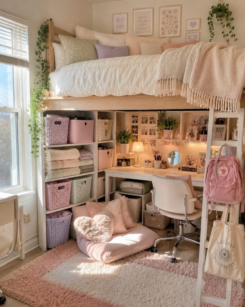15 lofted bed dorm room ideas pastel storage