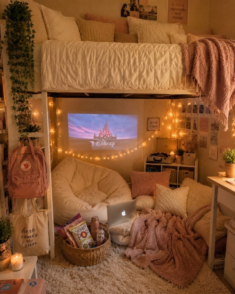 15 lofted bed dorm room ideas movie corner