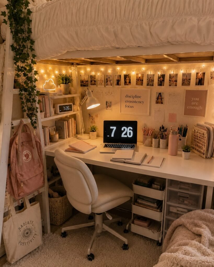 15 lofted bed dorm room ideas fairy light desk