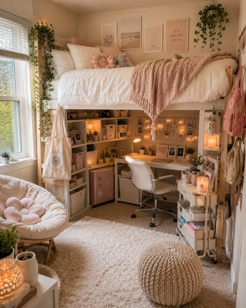 15 lofted bed dorm room ideas cozy textures