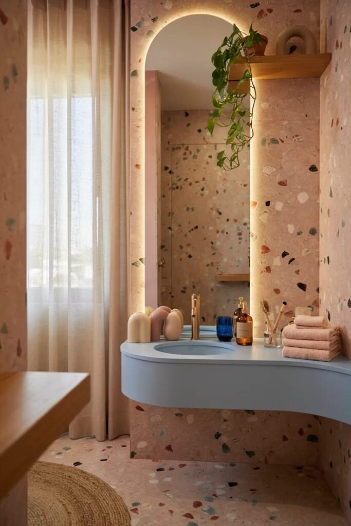 Dopamine bathroom decor ideas 3 Pink terrazzo dopamine bathroom decor ideas