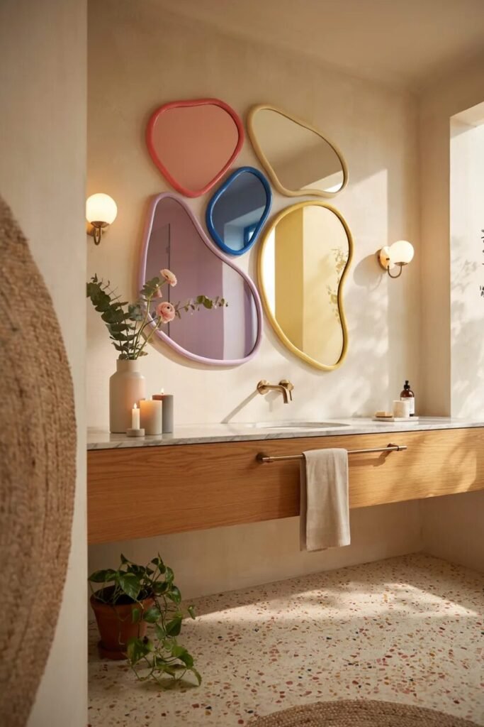 Dopamine bathroom decor ideas 14 Wavy mirror dopamine bathroom decor ideas