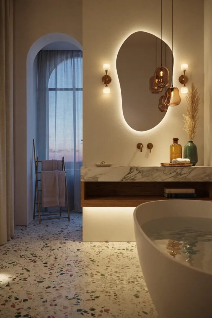 Dopamine bathroom decor ideas 26 Layered lighting dopamine bathroom decor ideas