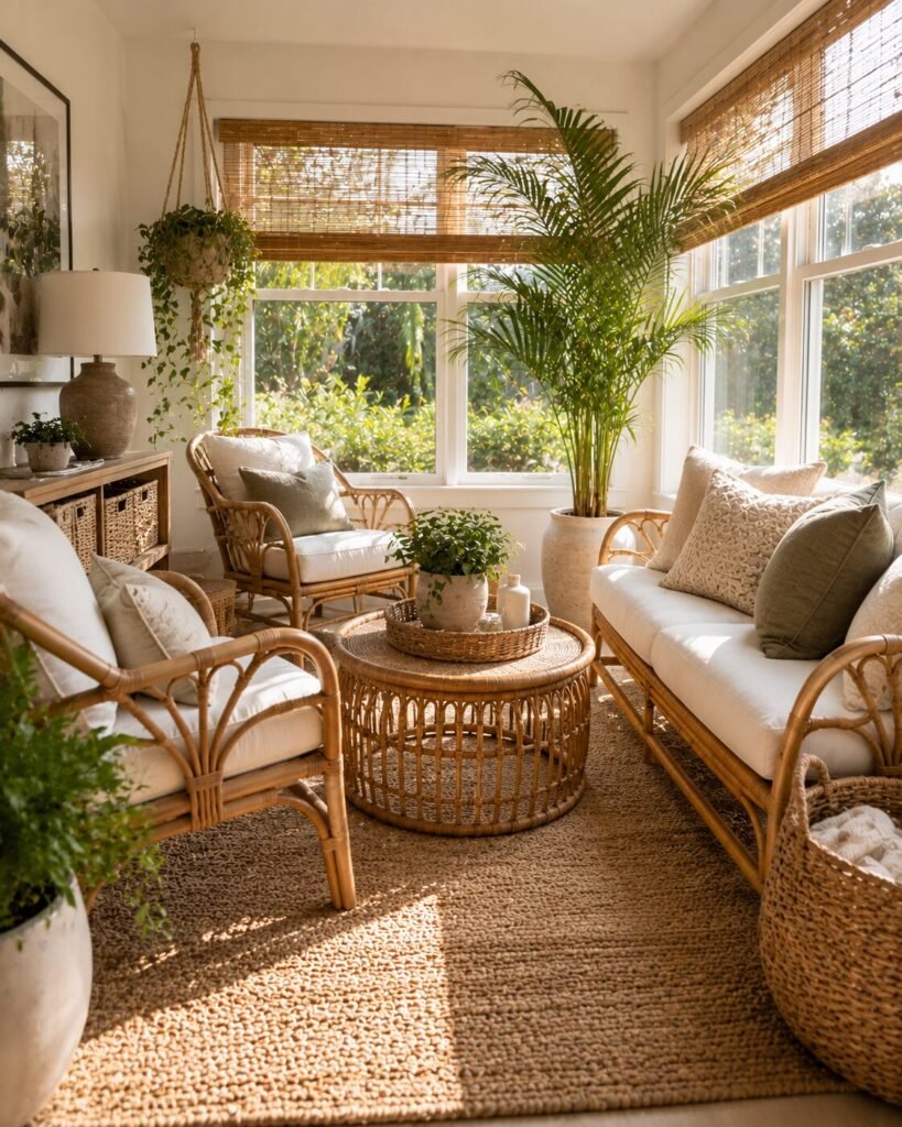 Small sunroom decorating ideas woven textures