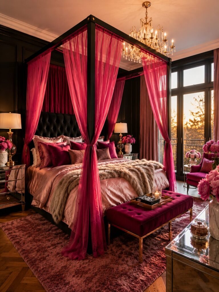 Black and hot pink canopy bedroom