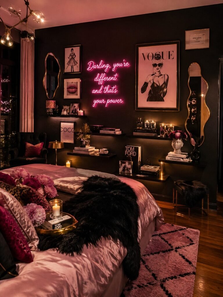 Black and hot pink gallery wall