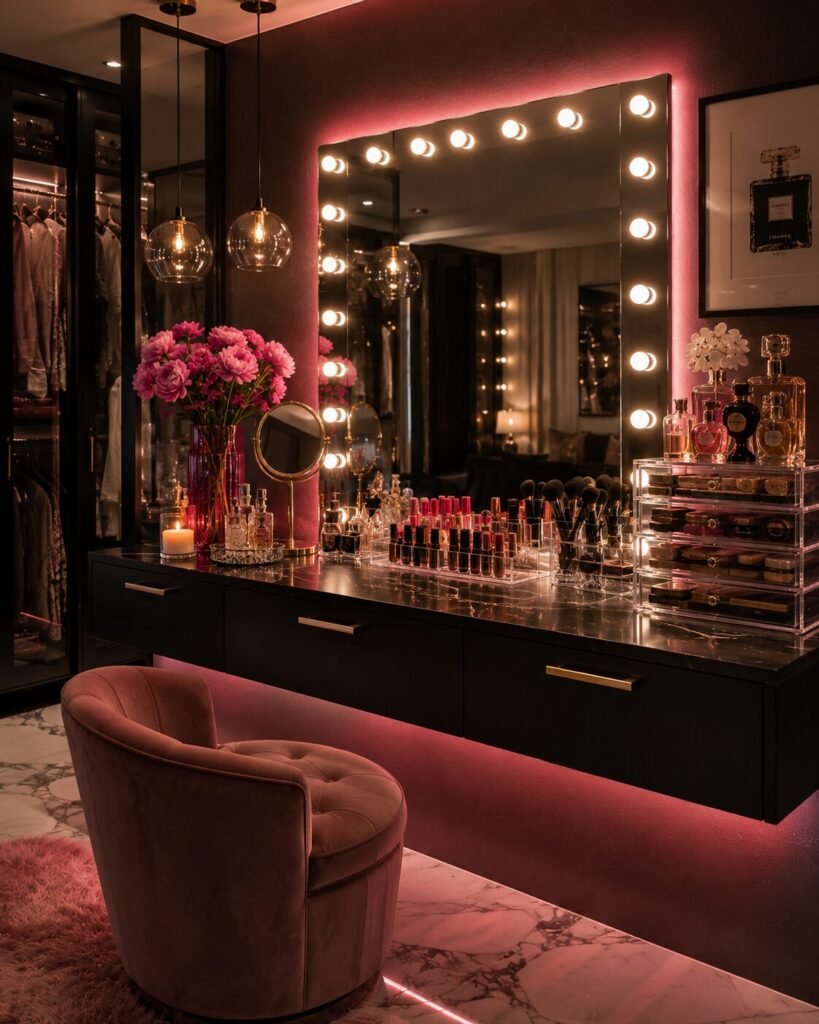 Black and hot pink vanity setup