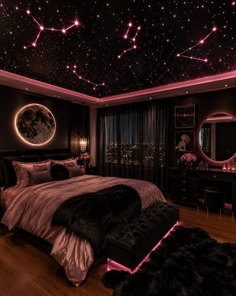 Black and hot pink galaxy bedroom