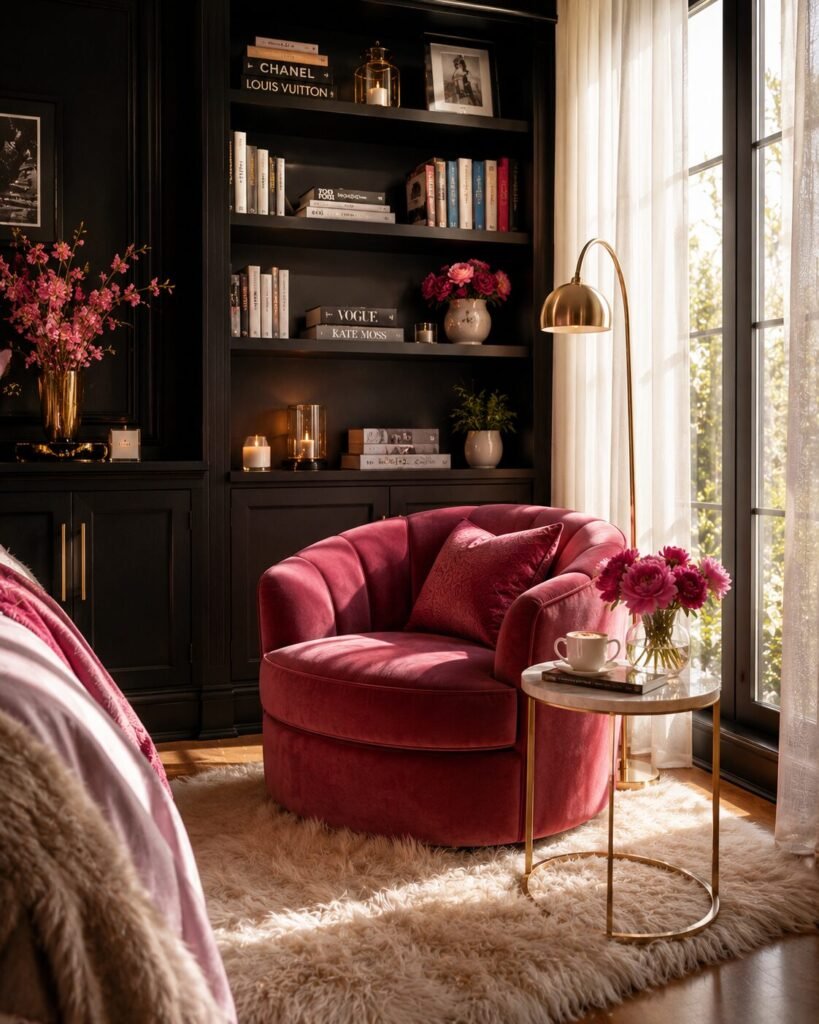 Black and hot pink reading nook