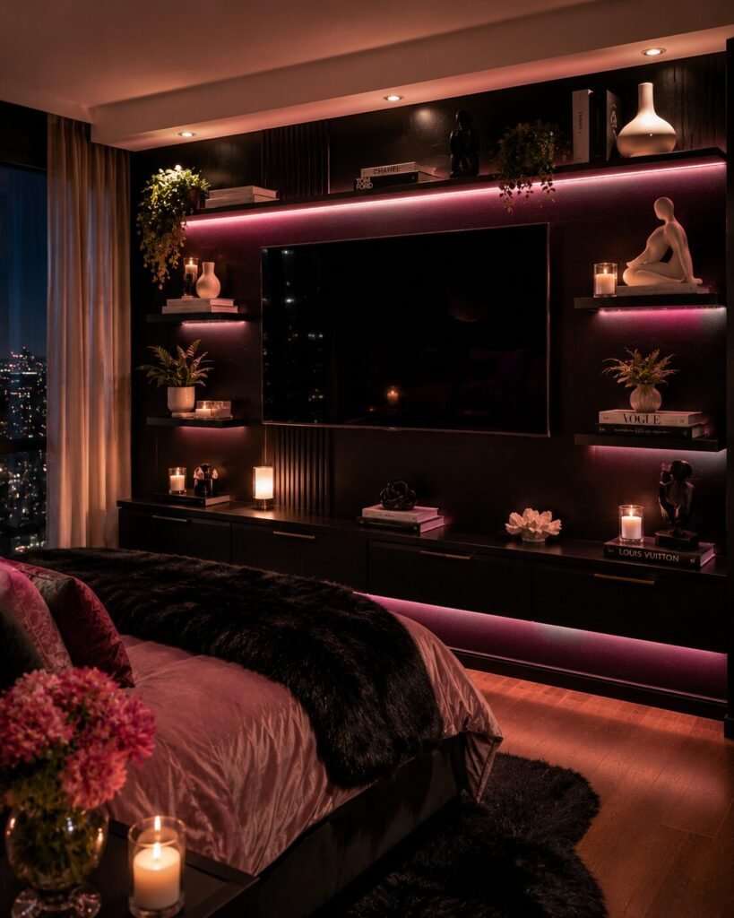 Black and hot pink entertainment wall