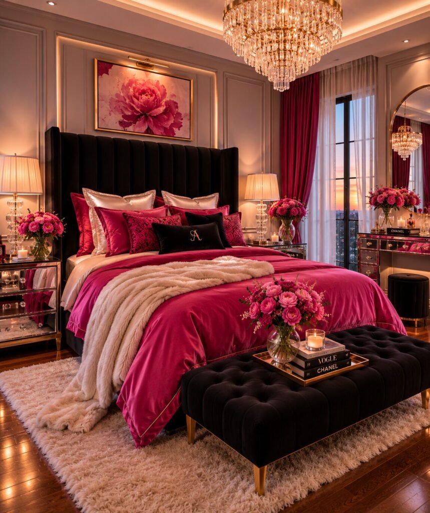 Black and hot pink luxury bedroom