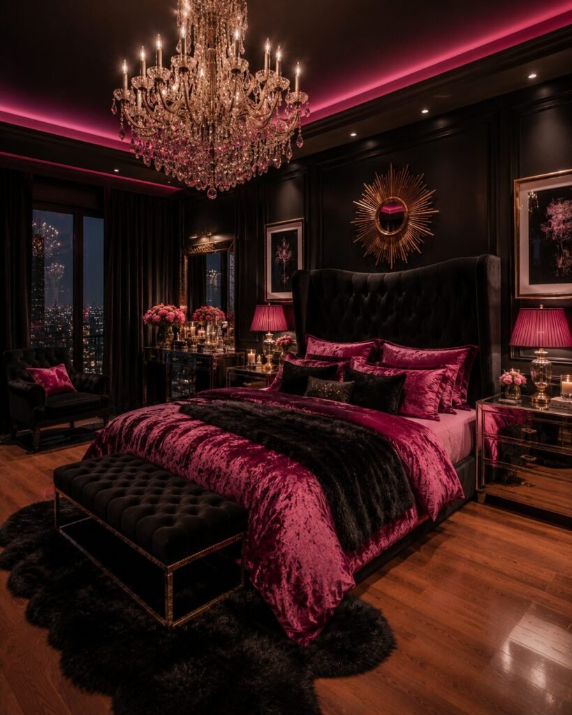 Black and hot pink chandelier room