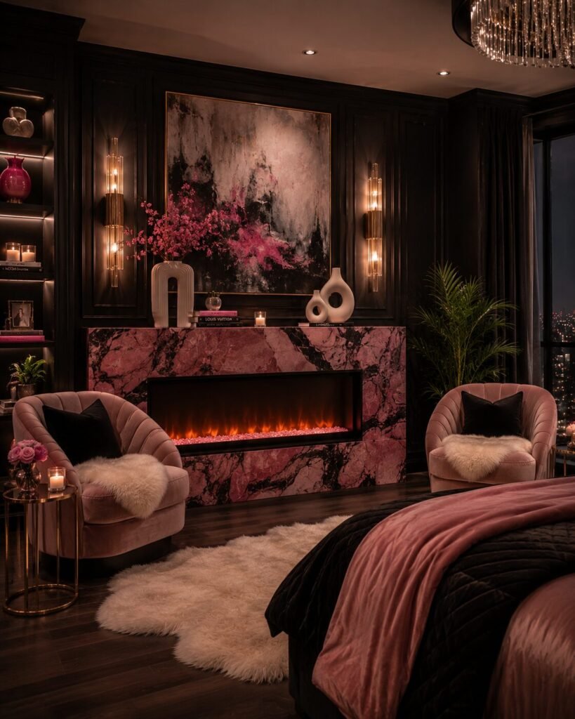 Black and hot pink fireplace bedroom