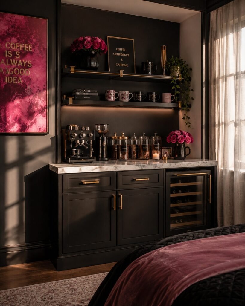 Black and hot pink coffee bar