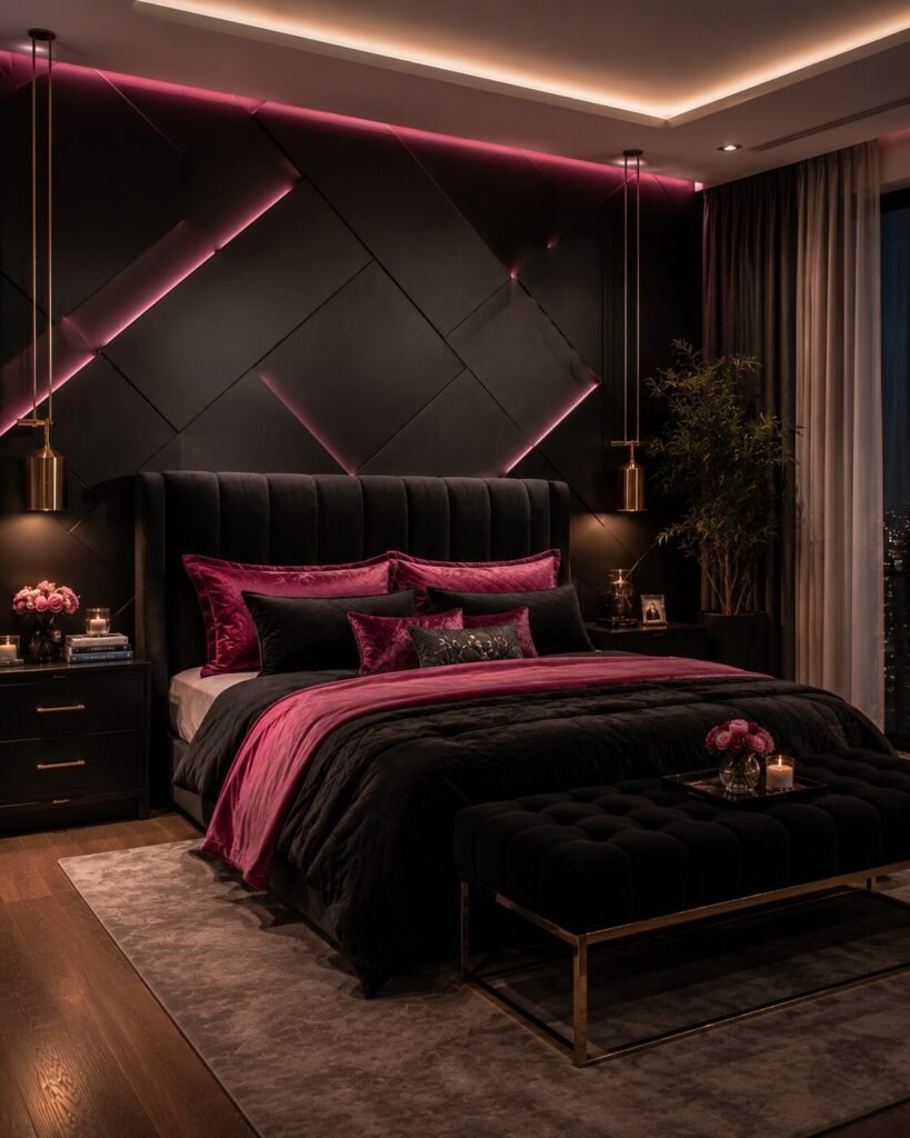 Black and hot pink panel wall