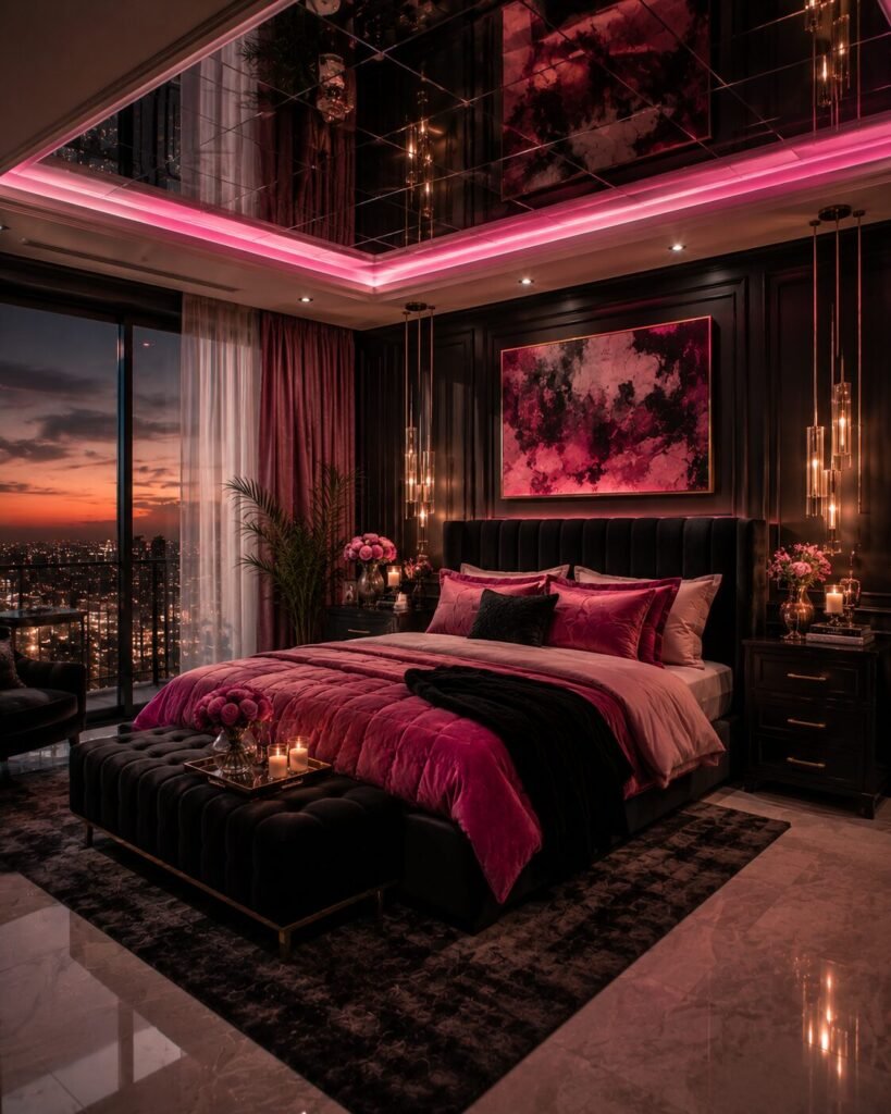 Black and hot pink mirrored ceiling