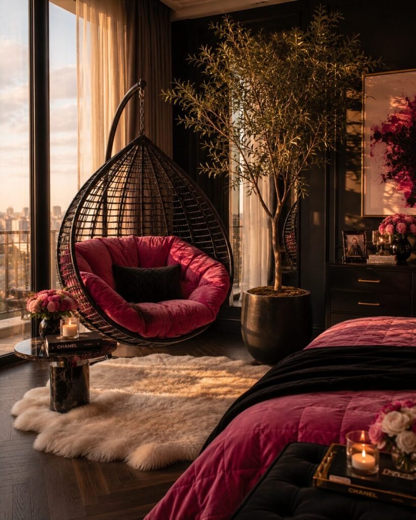 Black and hot pink hanging chair