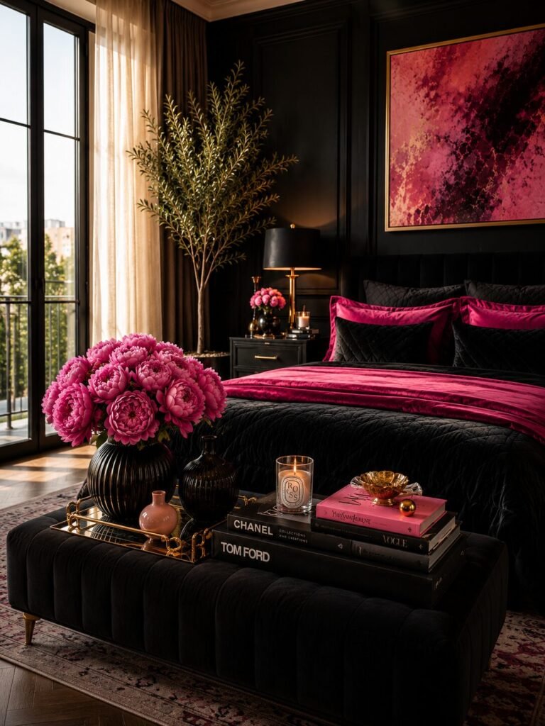 Black and hot pink luxury bedroom décor
