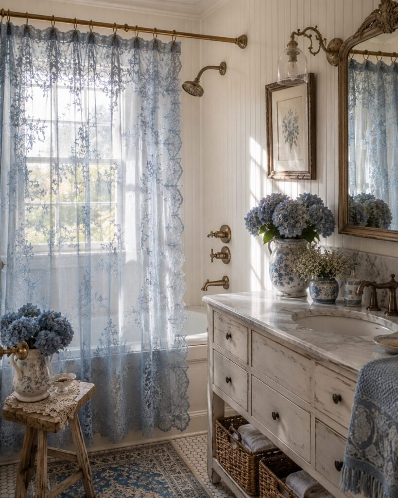 Blue shower lace curtains cottage bathroom