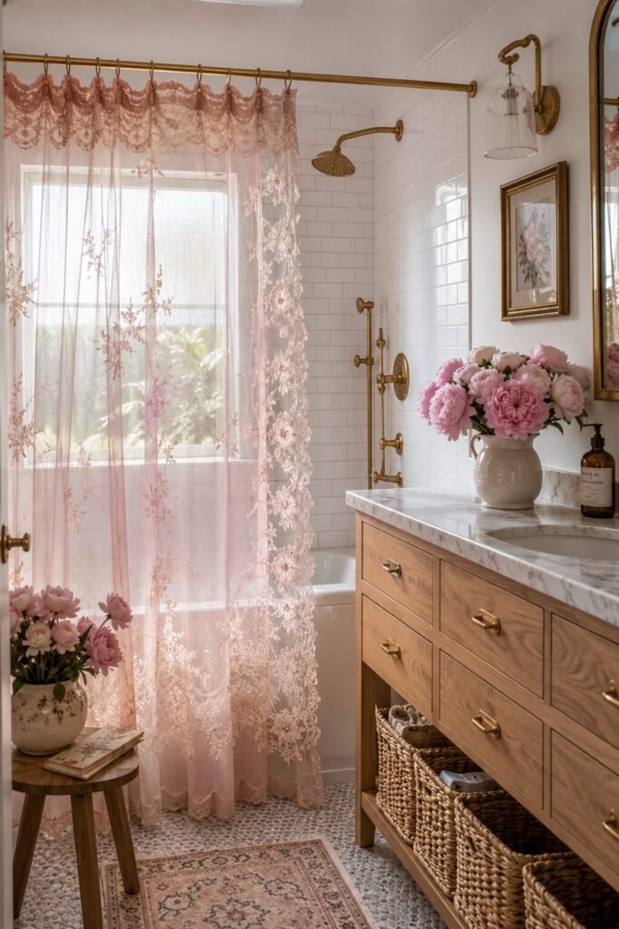 Blush pink shower lace curtains design