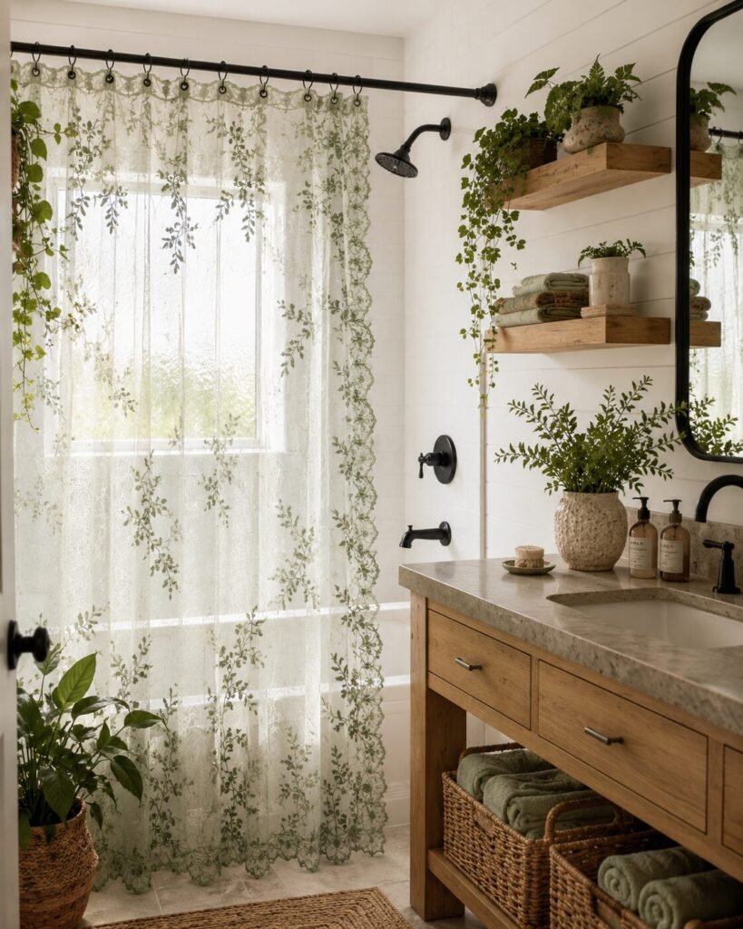 Sage green shower lace curtains bathroom
