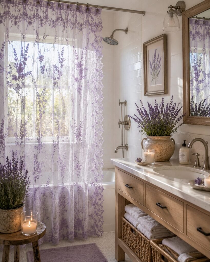 Lavender shower lace curtains bathroom décor