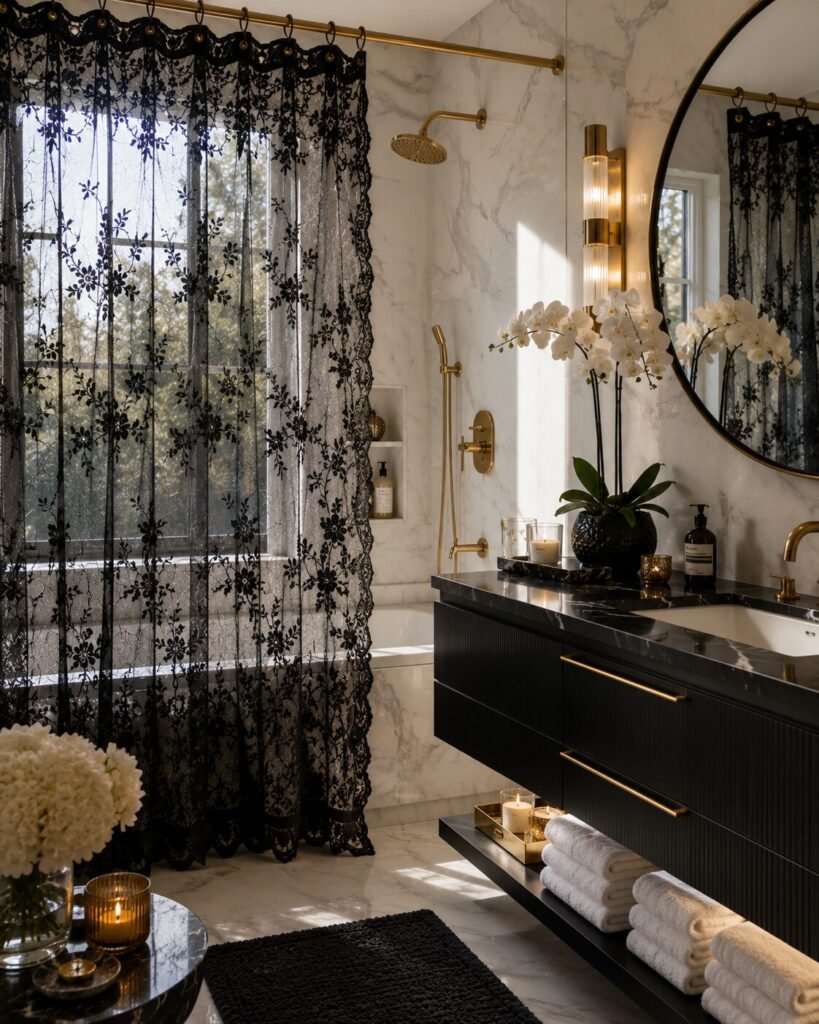 Black floral shower lace curtains bathroom