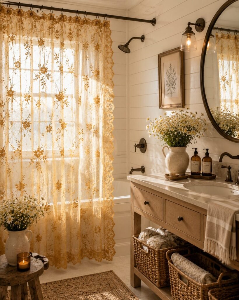 Mustard yellow shower lace curtains décor