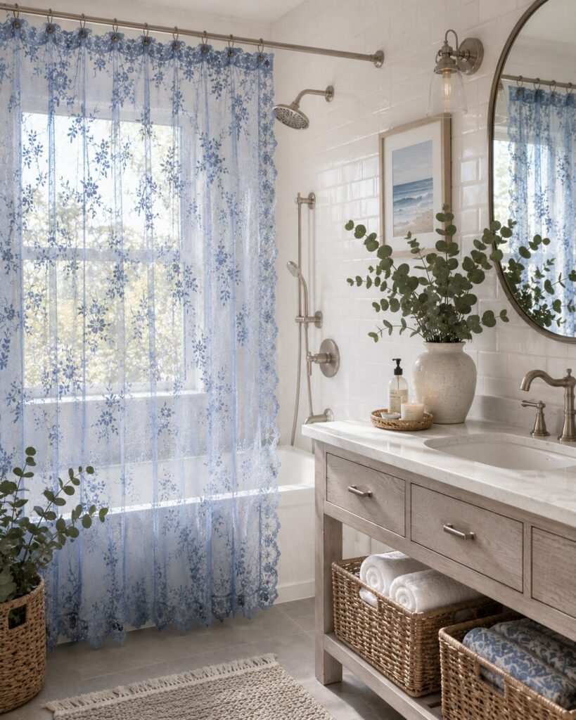 Dusty blue shower lace curtains style