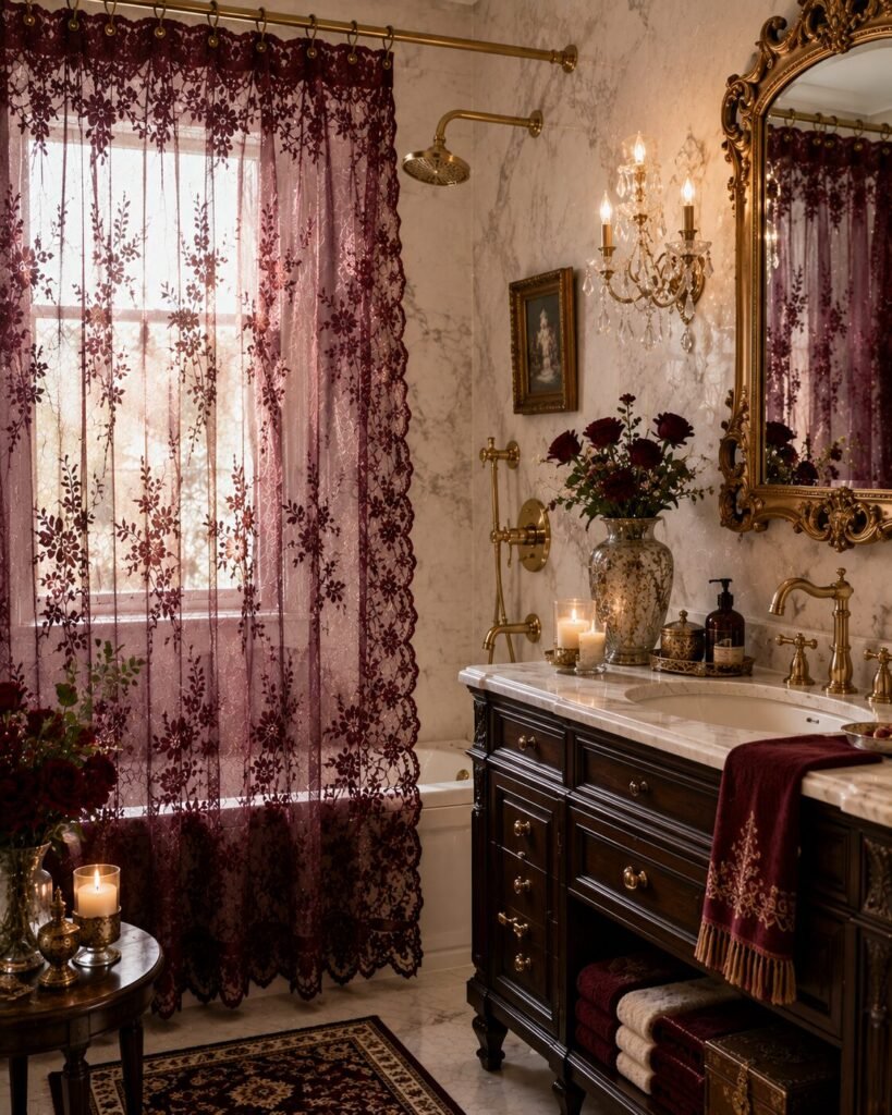 Burgundy shower lace curtains design