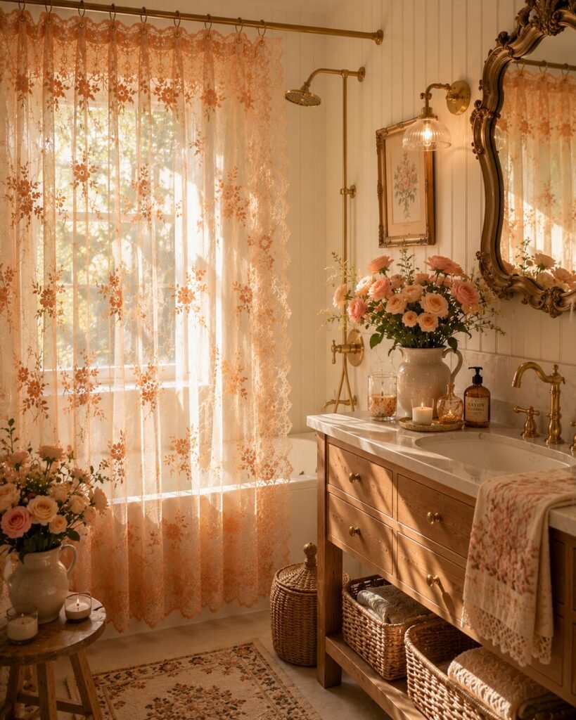 Peach shower lace curtains bathroom