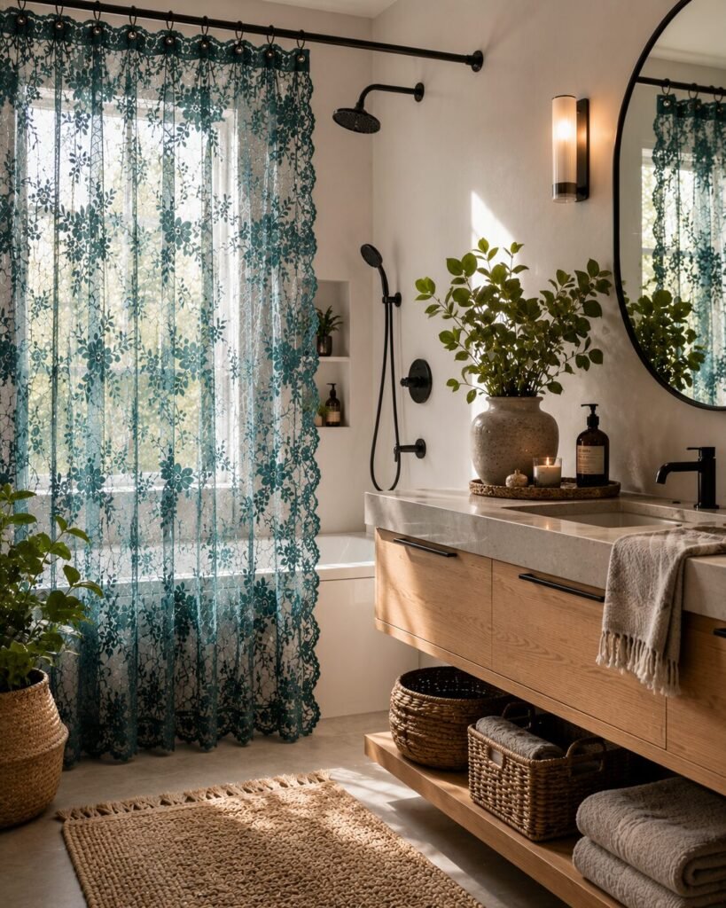 Teal shower lace curtains inspiration