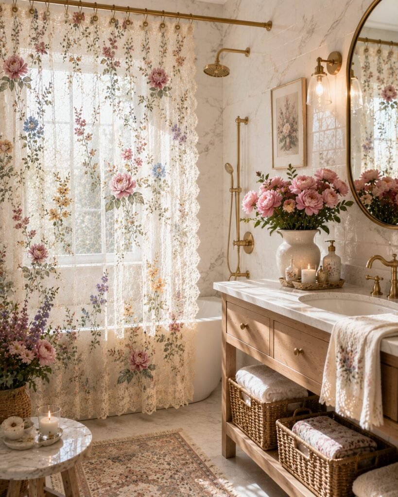 Ivory shower lace curtains with embroidery