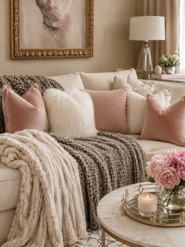 Layered cozy girly apartment ideas sofa
