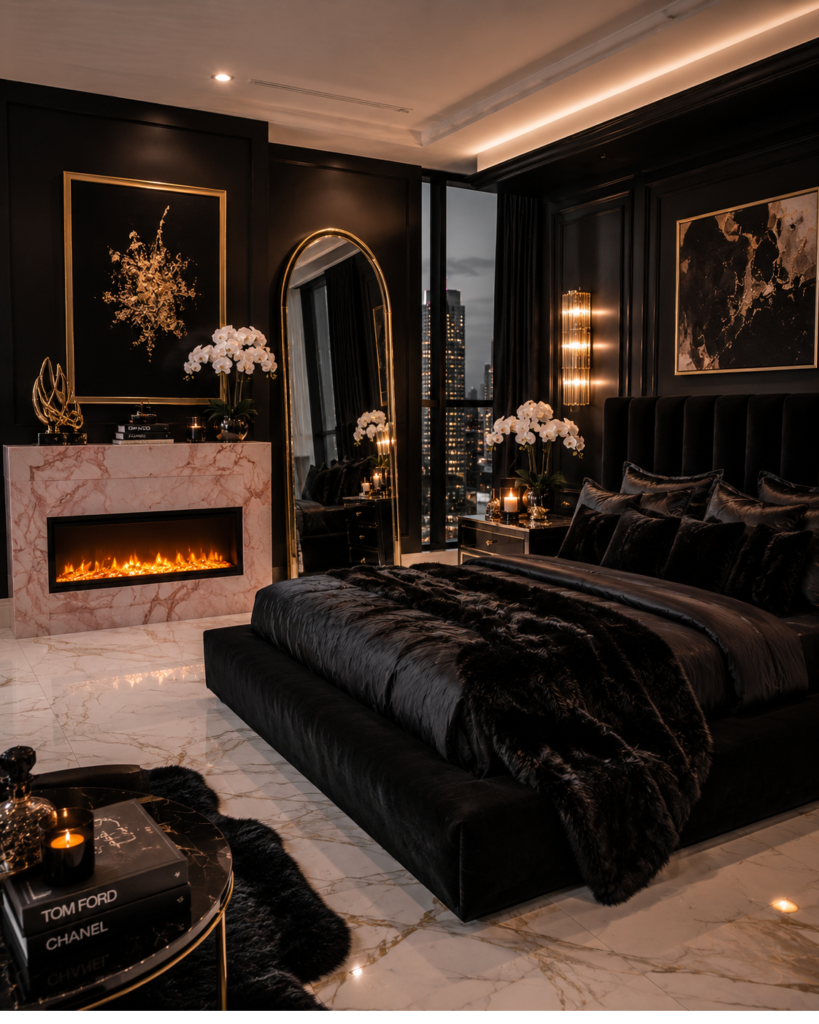 Pink fireplace baddie room aesthetic black