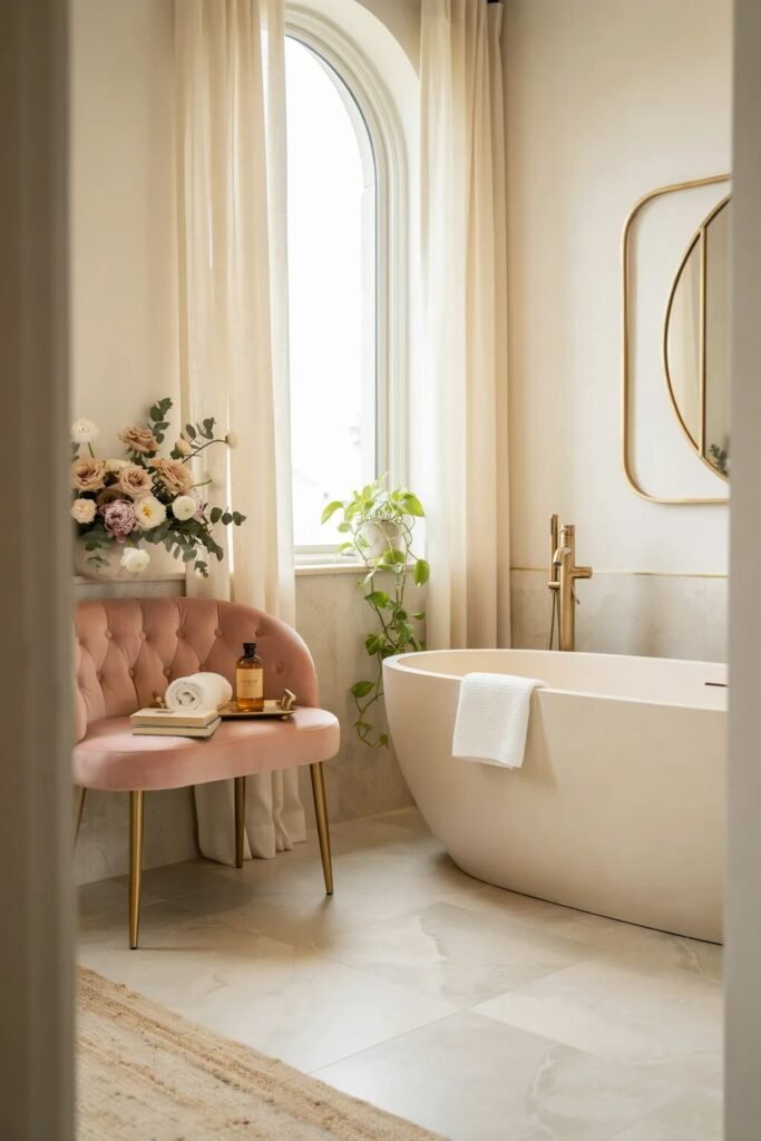 luxury pink bathroom aesthetic 8 Luxury pink bathroom aesthetic velvet seating