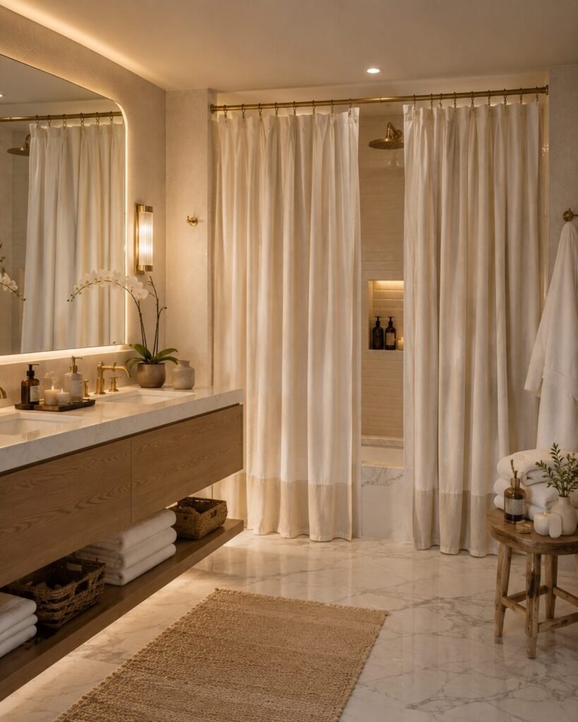 Beautiful shower curtain design 15 Beautiful shower curtain design with double panels