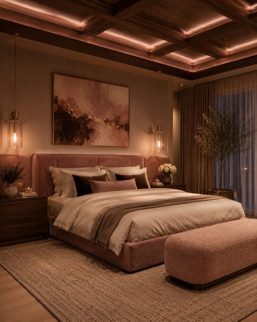 Coffered pink and brown bedroom ideas