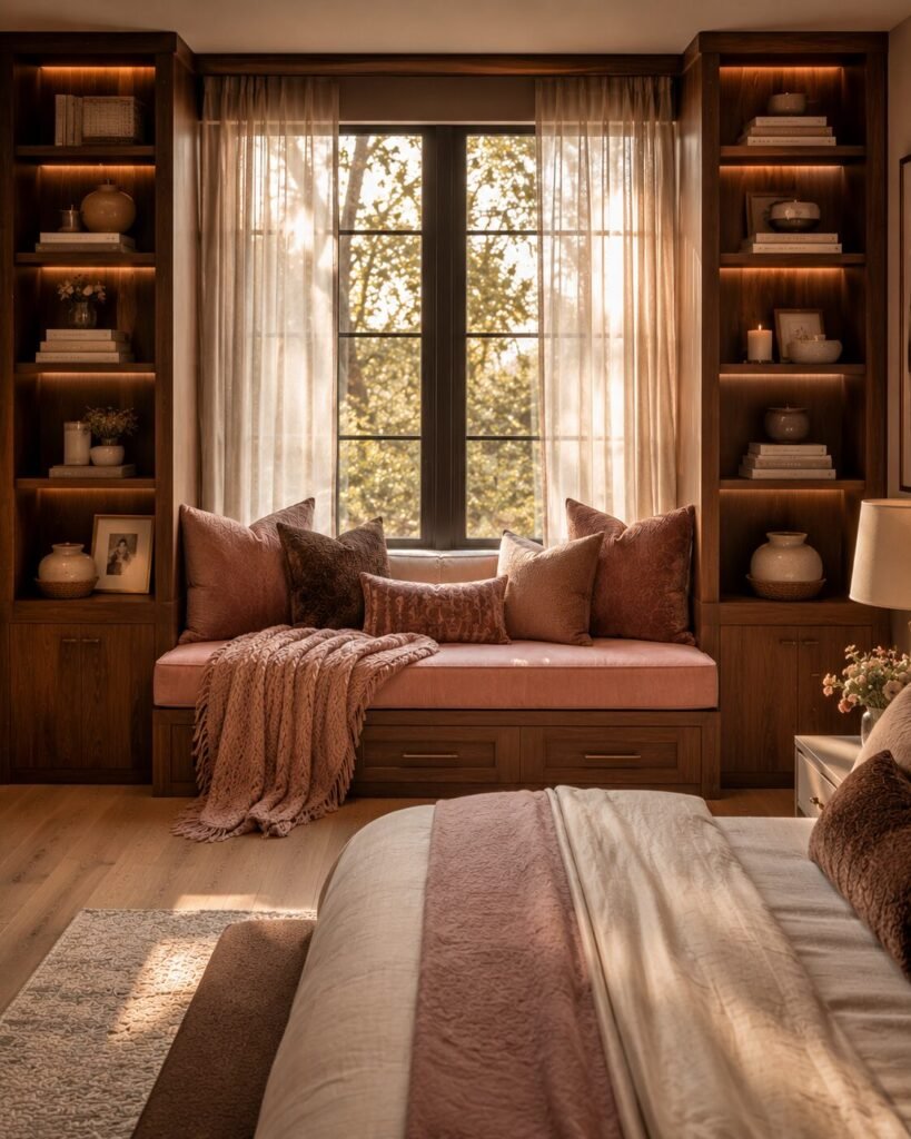 Window seat pink and brown bedroom ideas