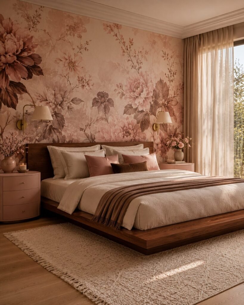 Floral pink and brown bedroom ideas