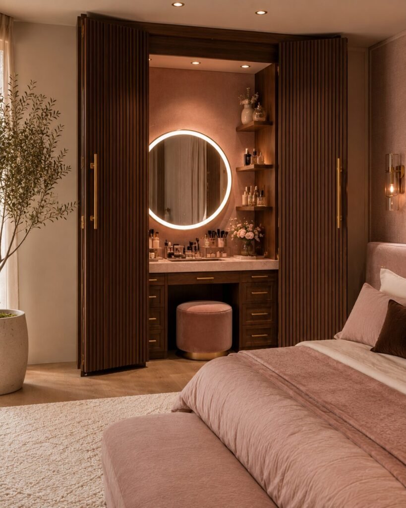 Hidden vanity pink and brown bedroom ideas