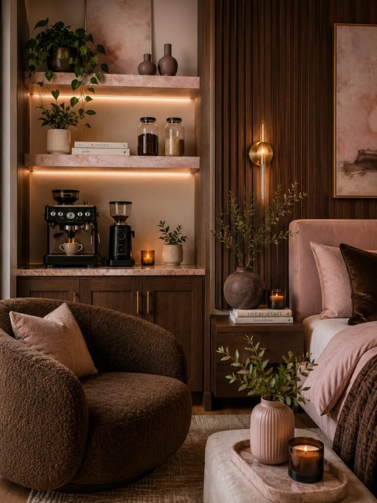 Coffee corner pink and brown bedroom ideas
