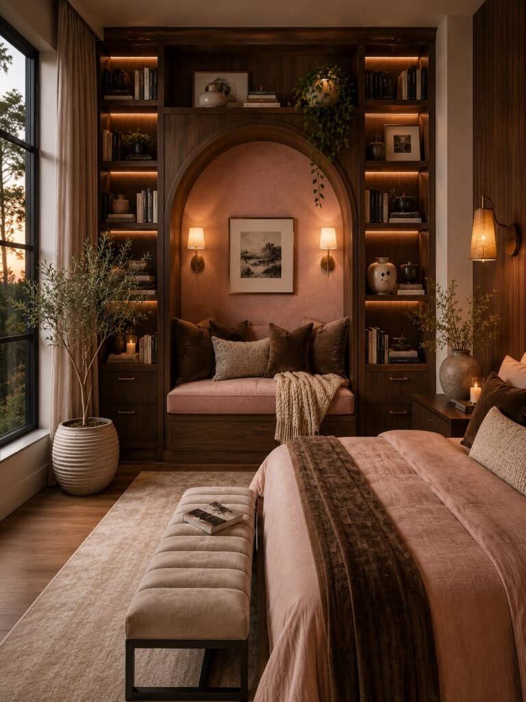 Arch nook pink and brown bedroom ideas