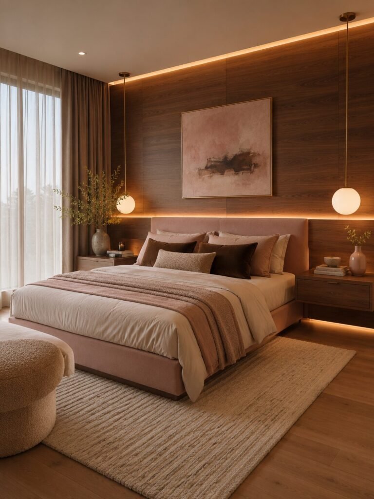 Floating headboard pink and brown bedroom ideas