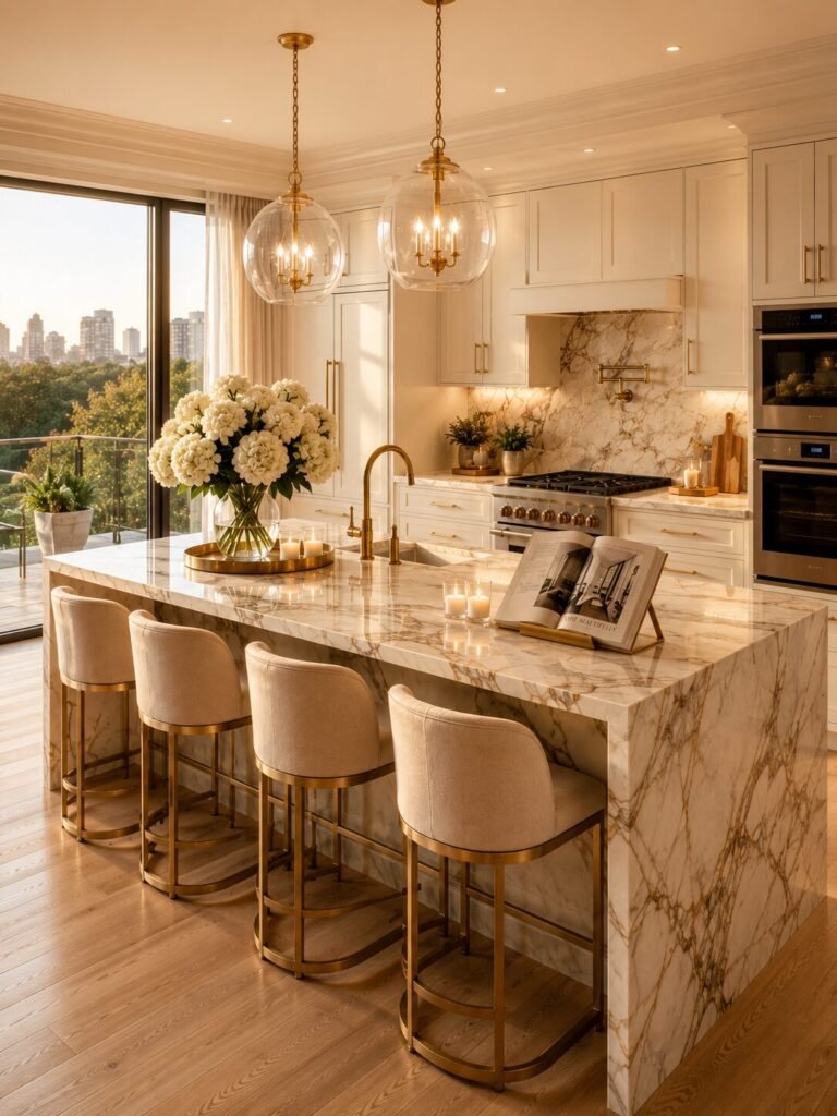 Apartment kitchen decor ideas marble island