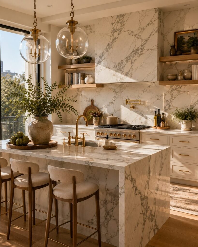 Apartment kitchen decor ideas marble backsplash