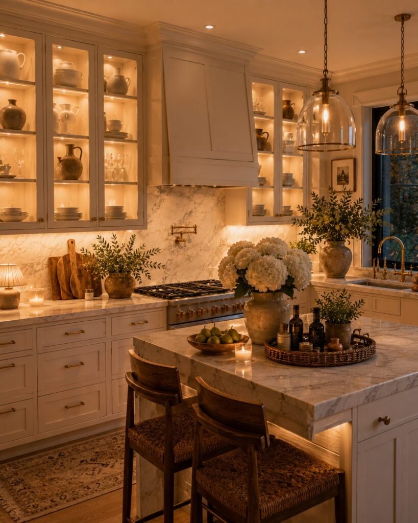 Apartment kitchen decor ideas glass cabinets