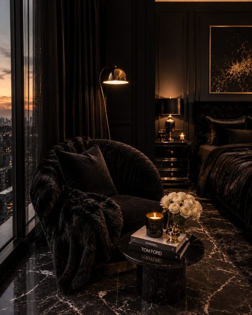 Reading corner baddie room aesthetic black