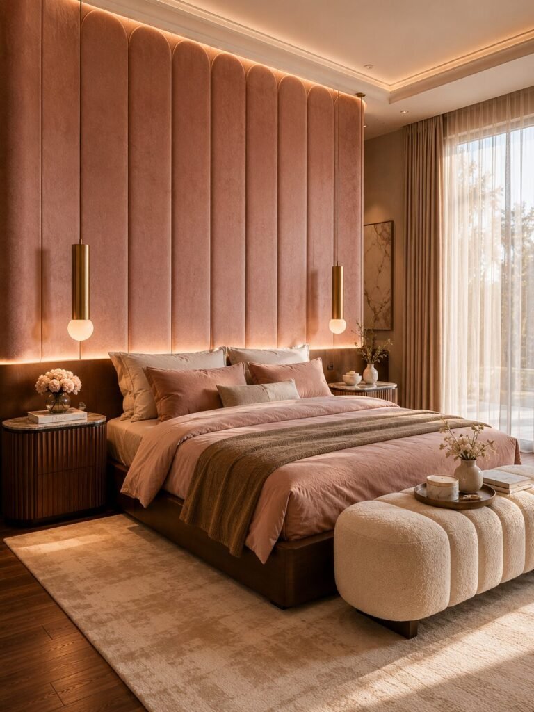 Curved pink and brown bedroom ideas