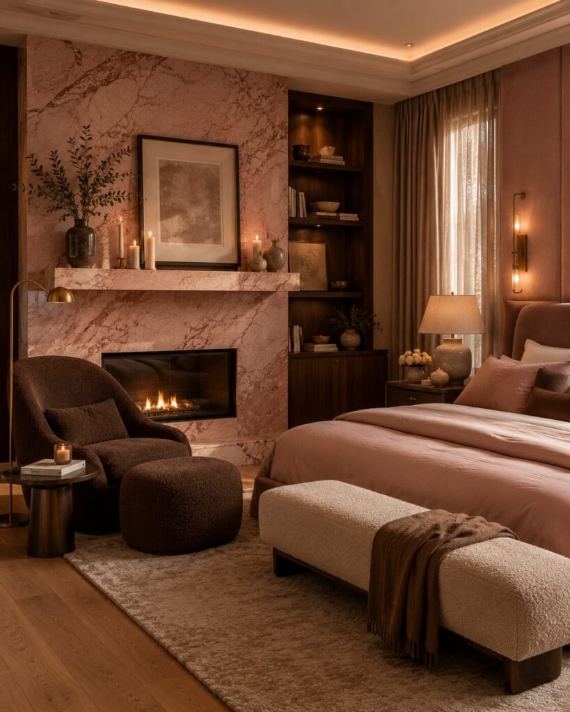Fireplace pink and brown bedroom ideas